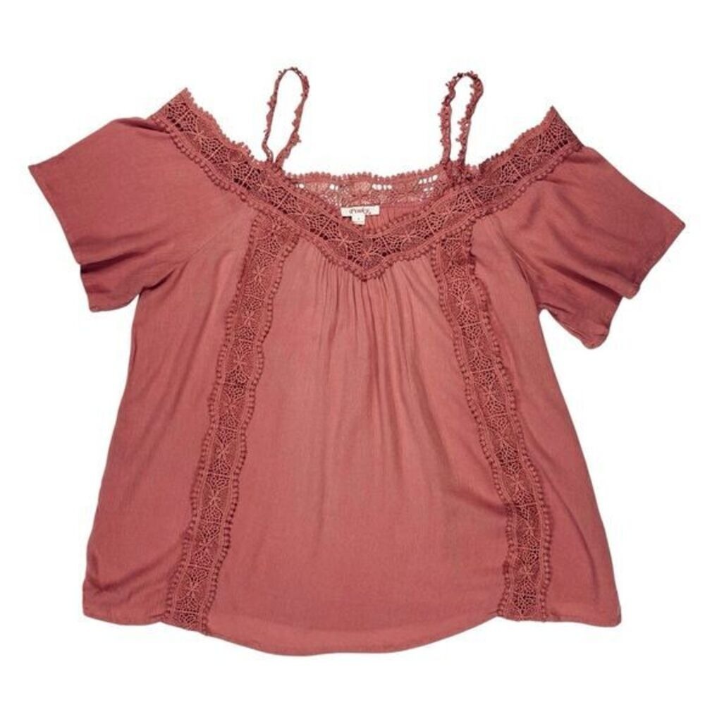 Pinky Crochet Lace Cold Shoulder Blouse Womens M Pink Boho Flutter Sleeve Summer